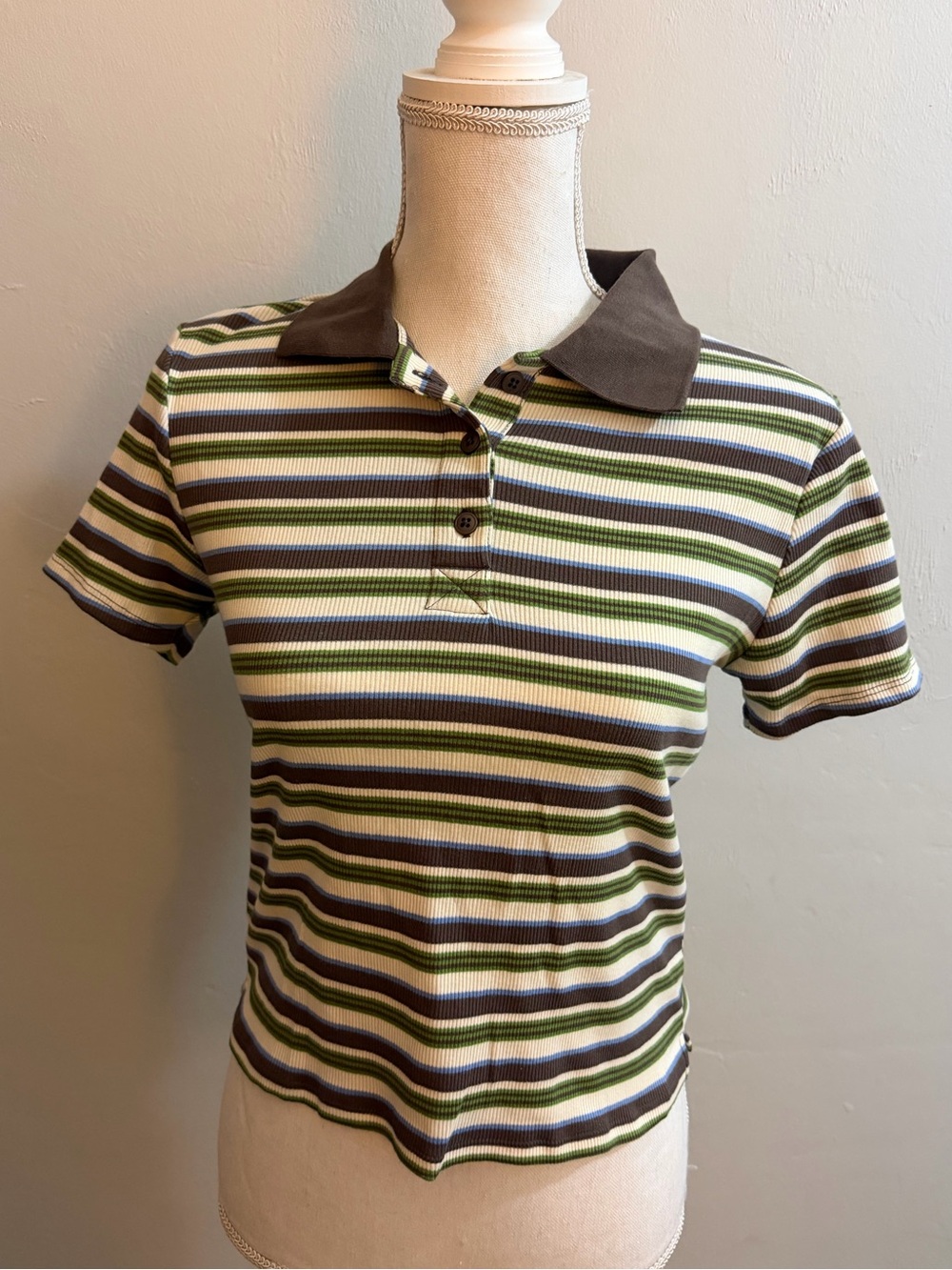 wild fable Olive, Brown & Cream Striped Cropped Polo Top - Picture 1 of 2